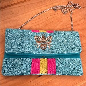 Beaded Turquoise Clutch with Bee Design
